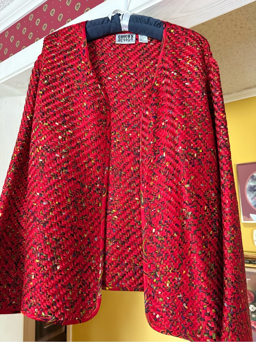 Chico's Red Multicolor Tweed Open Blazer